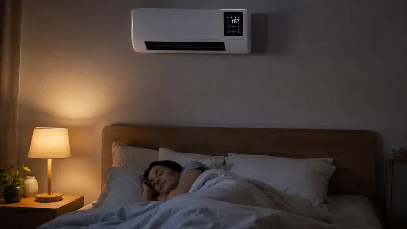 Un climatiseur compact soufflant de l'air rafraîchissant sur une personne détendue.